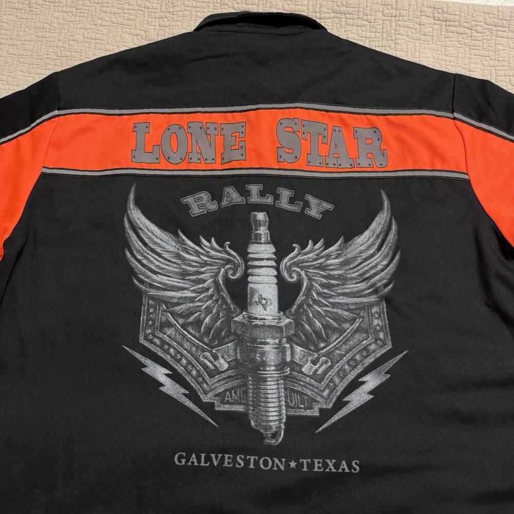 Biker Apparel Motorcycle Black Orange ButtonUp Shirt Lonestar Rally Galveston XL